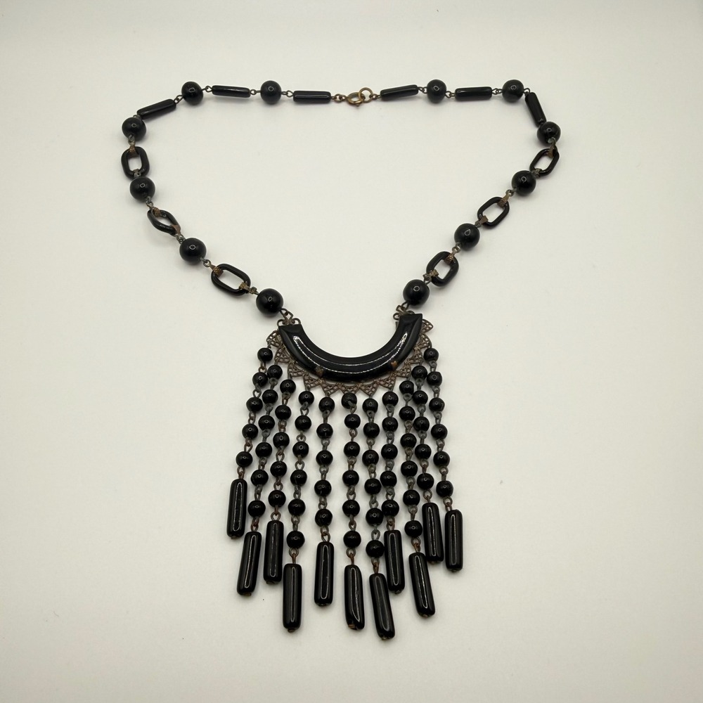 Vintage Art Deco Black Jet Glass Bead Bib Fringe Necklace‎ Brass Tone Signed